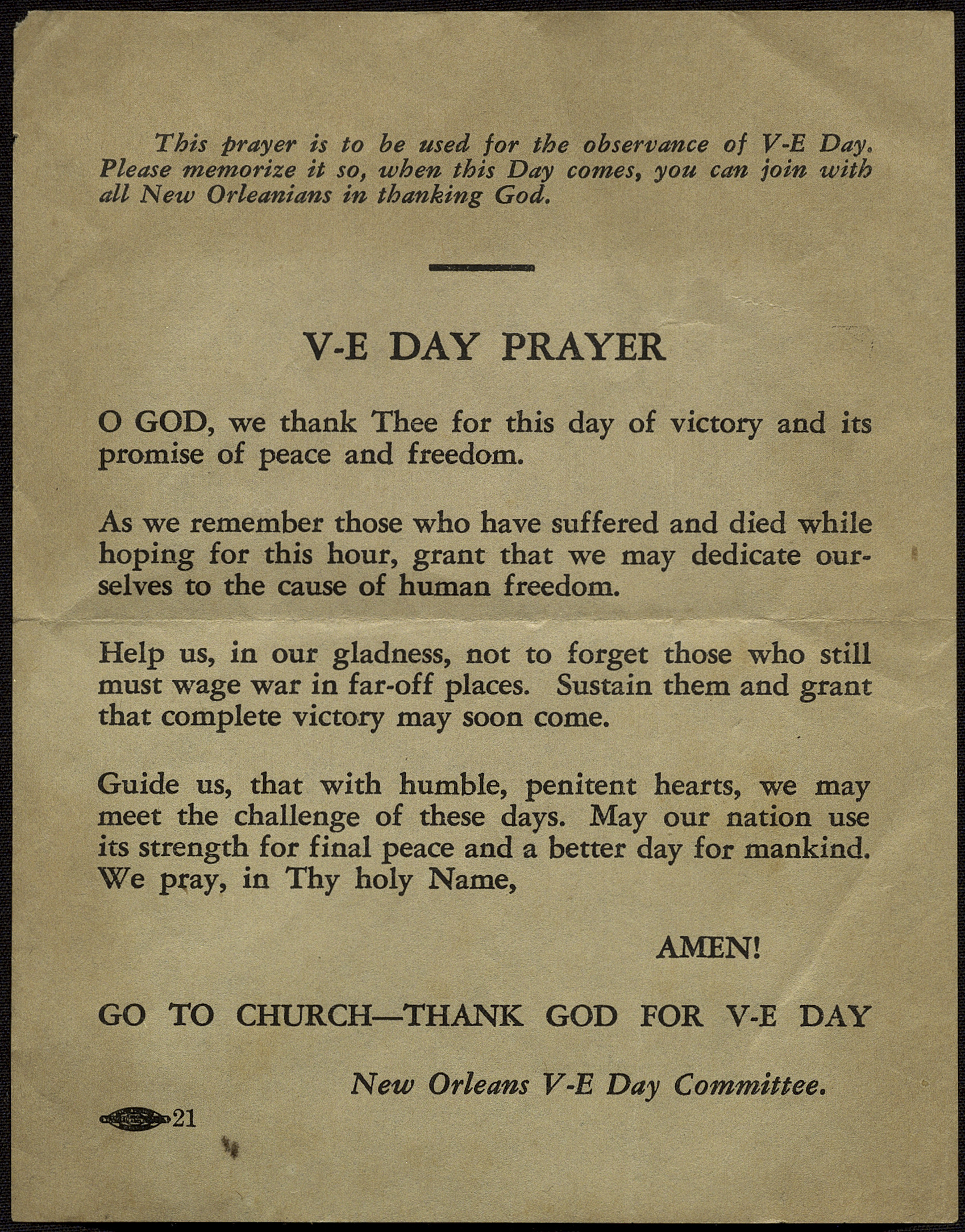 A photo of a V-E Day prayer leaflet, dated 1945.