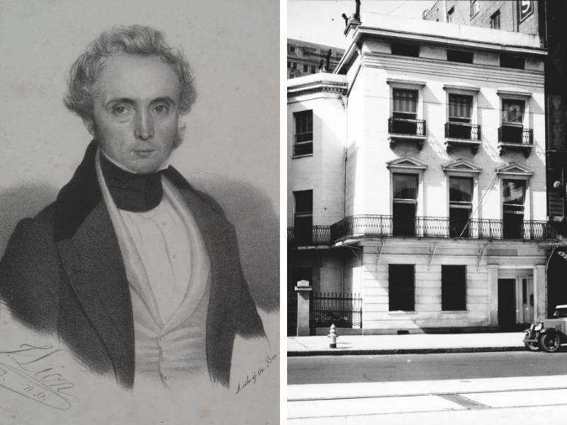 Left: A vintage portrait of a man in formal attire. Right: A black and white photo of a historic multi-story building with balconies, located on a street corner.