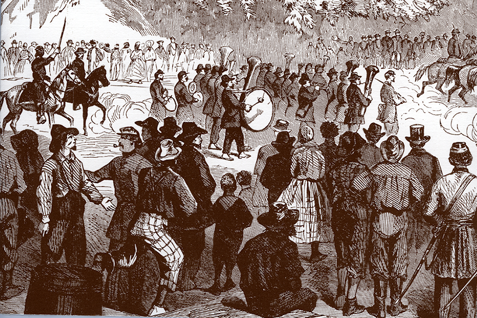 A historical illustration depicts a band marching with brass instruments, surrounded by onlookers in period clothing. A crowd watches as a procession with horses passes in the background, set in a snowy landscape.