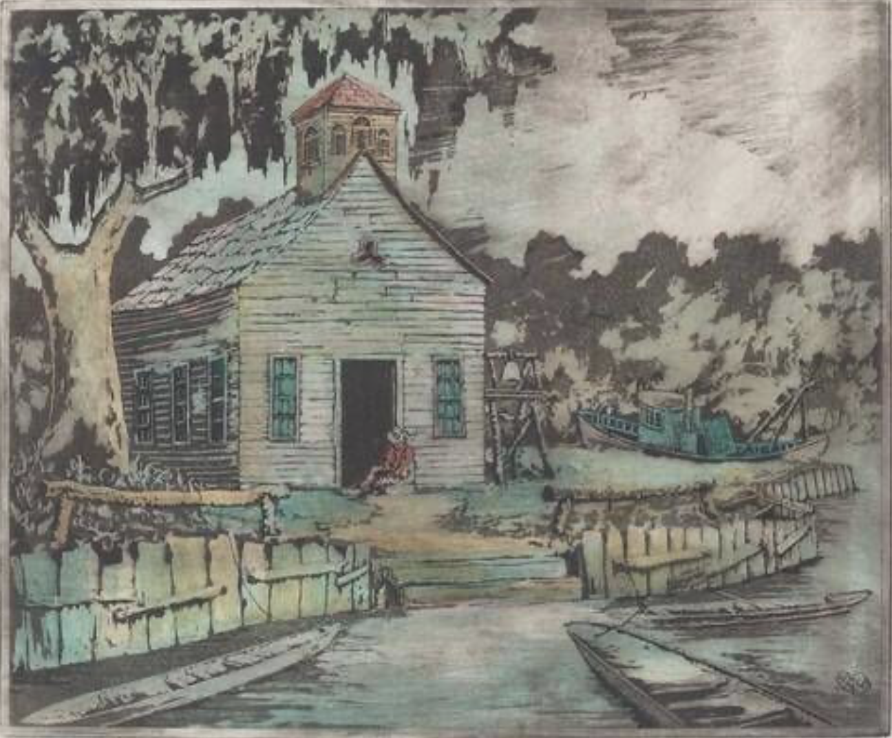 A rustic wooden house with a small bell tower sits by a river, surrounded by trees. Boats are moored near the shore, and an old wheelbarrow is beside the house. The scene is depicted in a muted color palette, giving a vintage feel.