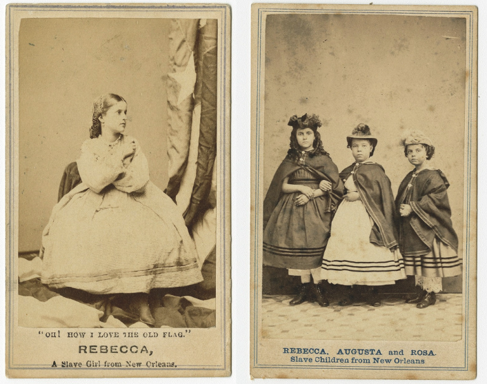Two vintage photos. Left: A girl sitting with hands folded. Text reads Rebecca, A Slave Girl from New Orleans. Right: Three young girls standing, wearing dresses and cloaks. Text reads Rebecca, Augusta and Rosa, Slave Children from New Orleans.