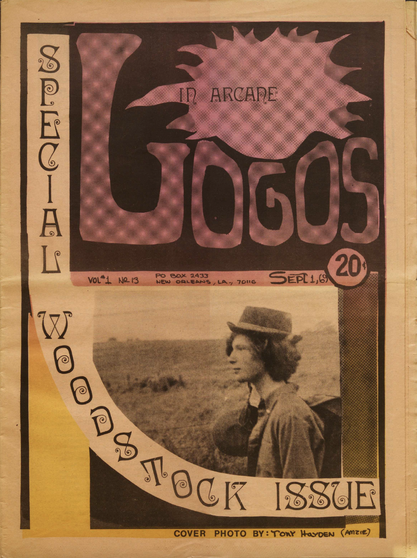 Vintage magazine cover with Gogos prominently displayed. Its labeled as the Special Woodstock Issue dated September 1, 1969, priced at 20 cents. Features a sepia-toned photo of a person in a hat in a rural landscape.