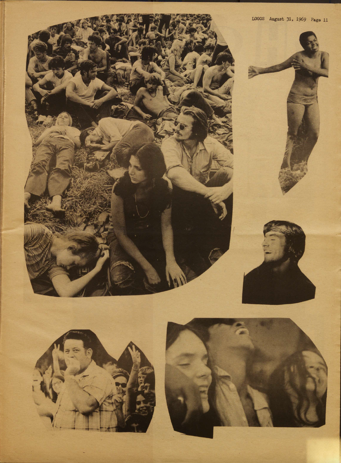 Collage of black and white photos showing a crowd of people outdoors, some lying on the grass, a woman dancing, and close-ups of people smiling and enjoying an event. Text at the top reads LOOK August 31, 1969 Page 11.