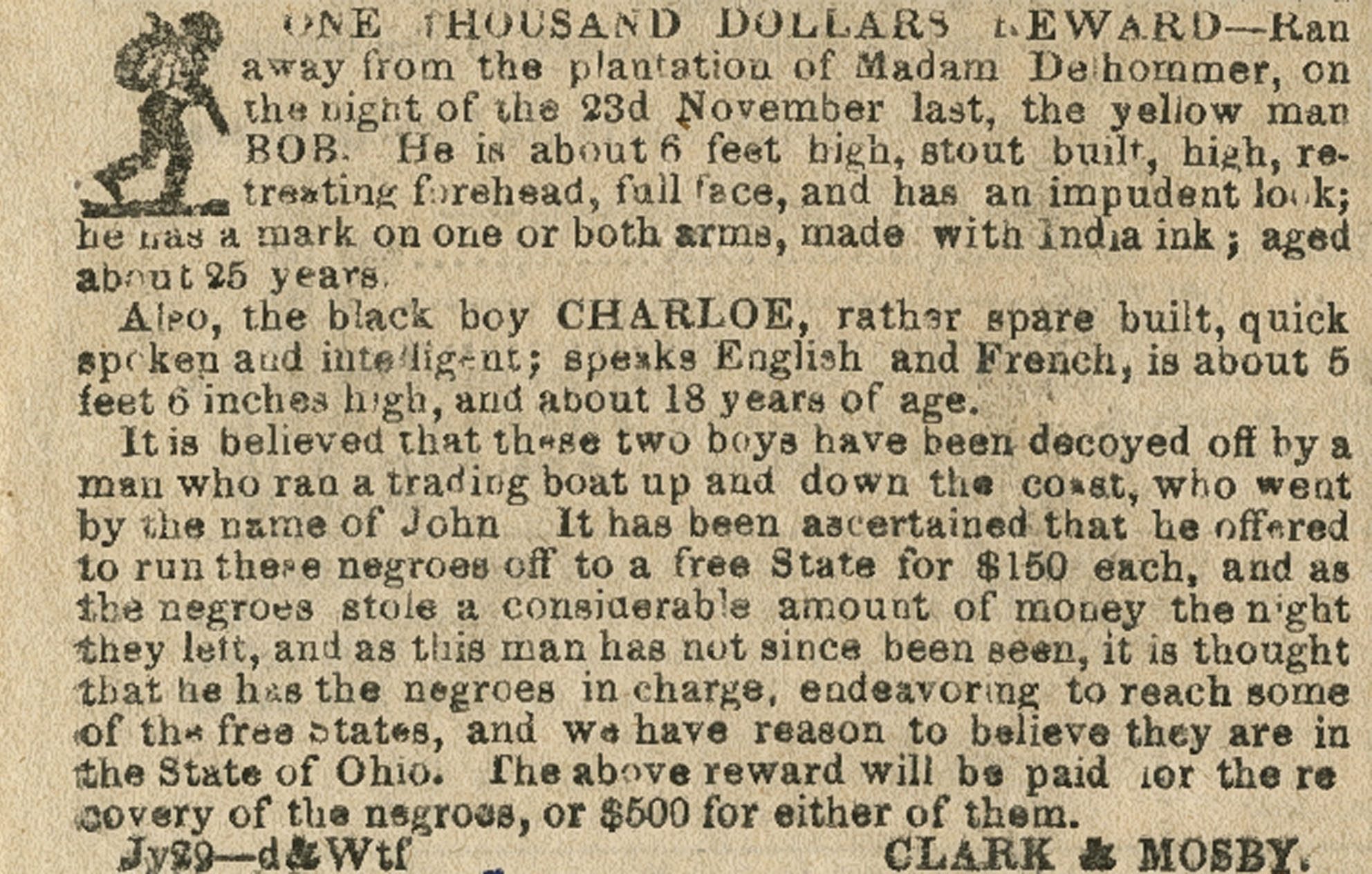 An old newspaper ad offering a one thousand dollar reward for the capture of two runaway enslaved boys, Bob and Charloe. Details include their physical descriptions, ages, language skills, and suspected escape route by riverboat.
