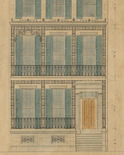 Architectural drawing of a three-story building facade with ornate ironwork, large windows with teal shutters, and a central door at the base. The building features symmetrical design and detailed patterns on the balcony railings and iron embellishments.