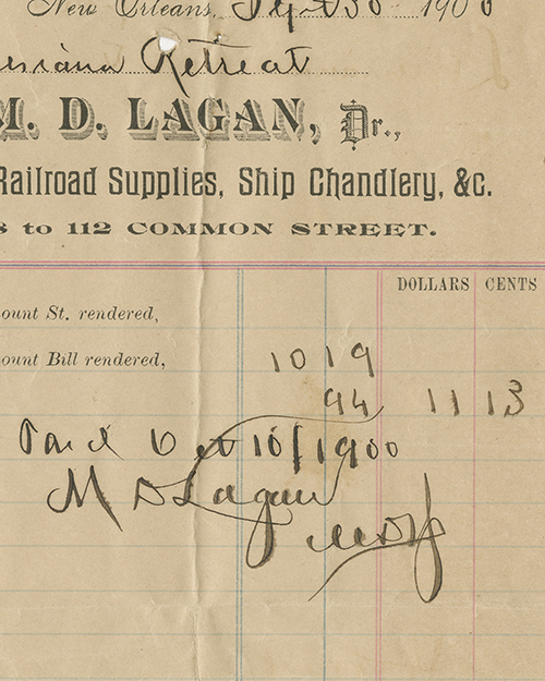 A vintage receipt from M. D. Lagan for railroad supplies and ship chandlery dated 1900. It includes handwritten numbers and signatures, with a faint watermark in the background and printed text including an address on Common Street, New Orleans.