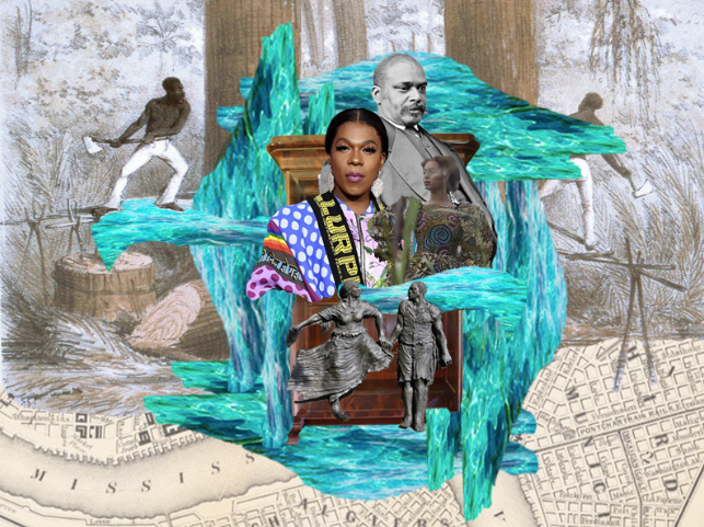 A vibrant collage features a woman in colorful attire, historical figures, a river flowing through, and a map. This dynamic composition blends elements of history, artistry, and geography.