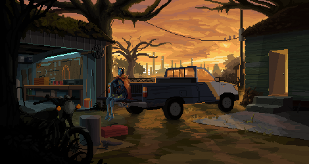 A pixel art scene at sunset depicts a person in a futuristic suit sitting on a bench in a yard. Theres a pickup truck and a motorcycle nearby, with an open garage on the left. Silhouetted trees and industrial structures are visible in the background.