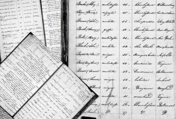 Black and white image of old handwritten documents. The pages are filled with cursive writing, lists, and columns. Some pages are open and overlapping, showing a historical record-keeping style.