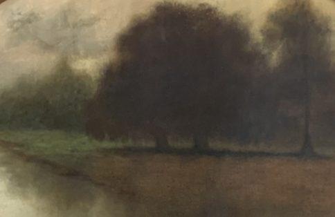 A soft, blurred painting of a tranquil, wooded landscape. Dark trees stand near a calm body of water, reflecting the serene atmosphere of the scene. The sky is overcast, adding a hazy and muted tone to the overall image.