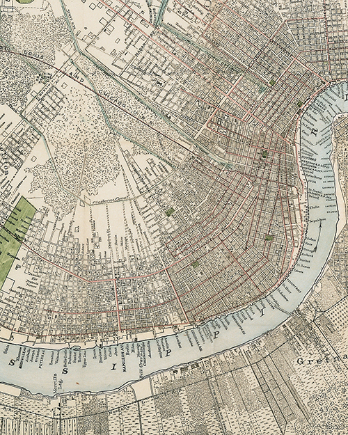 A detailed vintage map of New Orleans, depicting streets, the Mississippi River, and surrounding areas. The map includes an intricate grid layout and geographical features, showing the city’s urban planning and river curves.