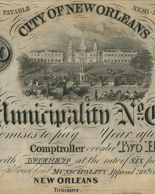 Close-up of an old New Orleans municipal bond certificate featuring intricate engravings of a large building with towers, surrounded by people and horse-drawn carriages. The text includes City of New Orleans and financial details.
