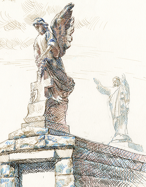 A detailed illustration of an angelic statue with wings atop a stone structure with a cross. Another smaller statue is in the background, resembling a robed figure with outstretched arms against a light sky.