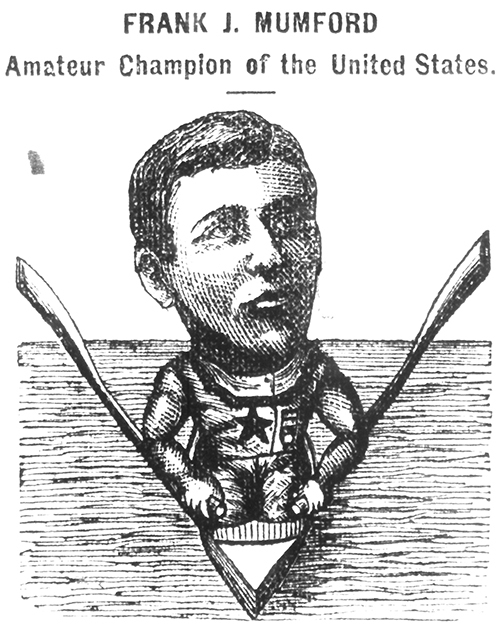 Illustration of a man labeled as Frank J. Mumford, depicting him as an Amateur Champion of the United States. He is shown with an oversized head and a small body, sitting in a boat with oars. The style is reminiscent of a caricature.