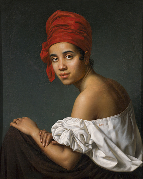 A classical portrait of a woman with a red headscarf and an off-the-shoulder white blouse. She gazes softly at the viewer, seated gracefully against a dark background. Her calm expression and relaxed pose convey a sense of serenity.