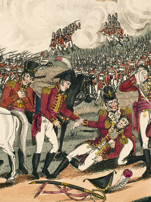 A historical battle scene with soldiers in red uniforms. One soldier lies injured on the ground, attended by other soldiers. In the background, rows of troops and horses advance amidst smoke and chaos. A discarded hat and sword lie in the foreground.