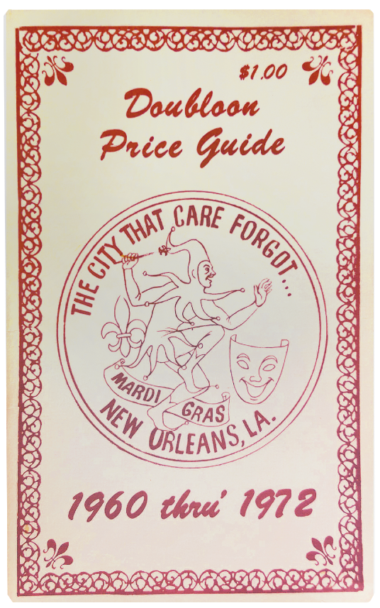 Vintage cover of a Doubloon Price Guide from 1960 to 1972, priced at $1.00. Features a Mardi Gras design with a jester, shield, and mask, along with the phrase The City That Care Forgot and Mardi Gras, New Orleans, LA.