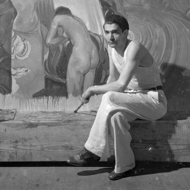 New Deal muralist and LSU art instructor Conrad Albrizio sitting in front of a mural at Shushan (now Lakefront) Airport.