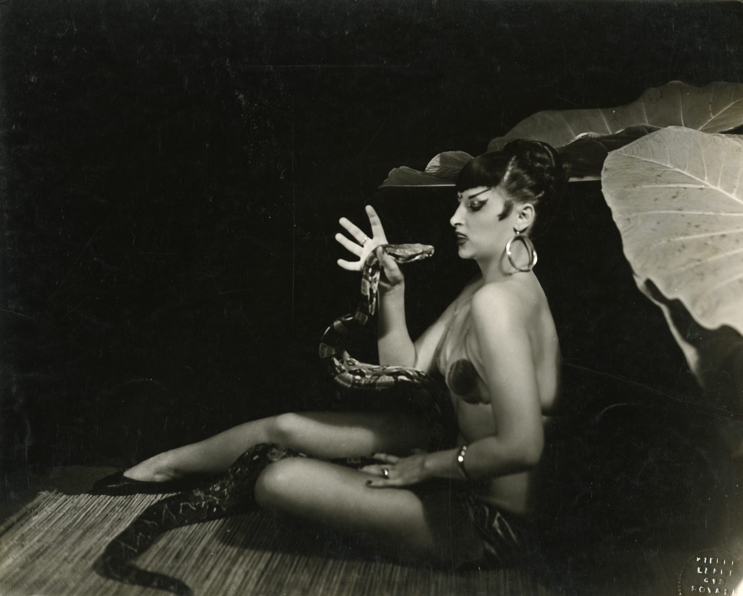 Black and white photo of Devilon, a 1950s exotic dancer posing with a boa constrictor snake.