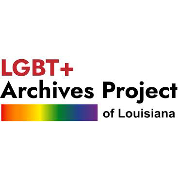 Logo for the LGBT+ Archives Project of Louisiana, featuring the text LGBT+ Archives Project of Louisiana with LGBT+ in red and a rainbow stripe underneath.