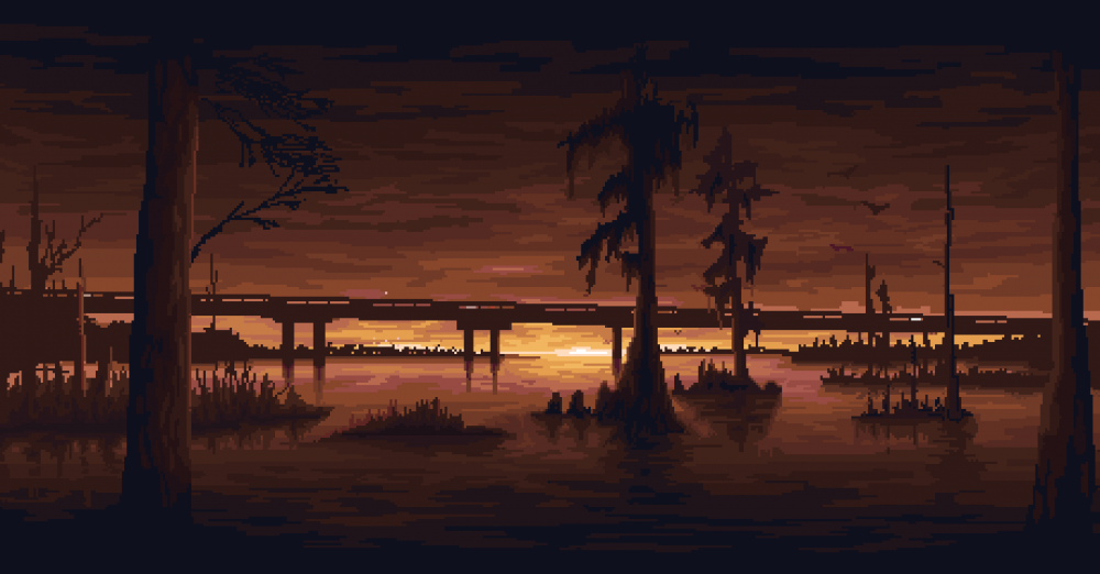 Pixel art of a serene swamp landscape at sunset, featuring silhouetted cypress trees and a distant bridge. The orange and purple sky reflects on the calm water, creating a tranquil and atmospheric scene.