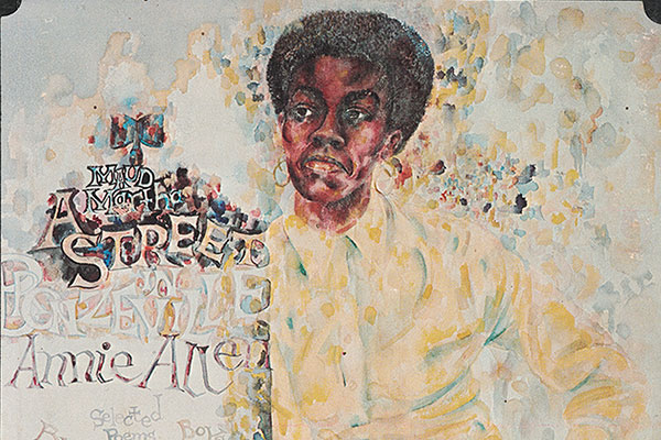 A colorful portrait of a person with an afro hairstyle, surrounded by abstract text and patterns in various shades. The background features splashes of yellow, blue, and red, creating a vibrant and artistic composition.