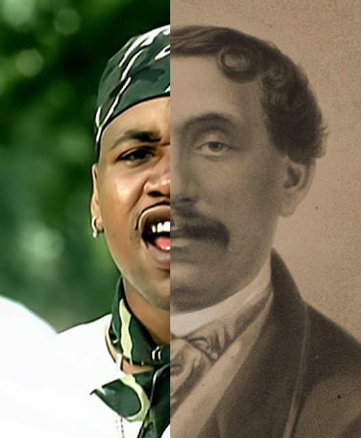 Split image showing two different people. The left side is a color photo of a man wearing a camo bandana and an earring against a green background. The right side is a sepia-toned portrait of a man with a mustache in vintage attire.