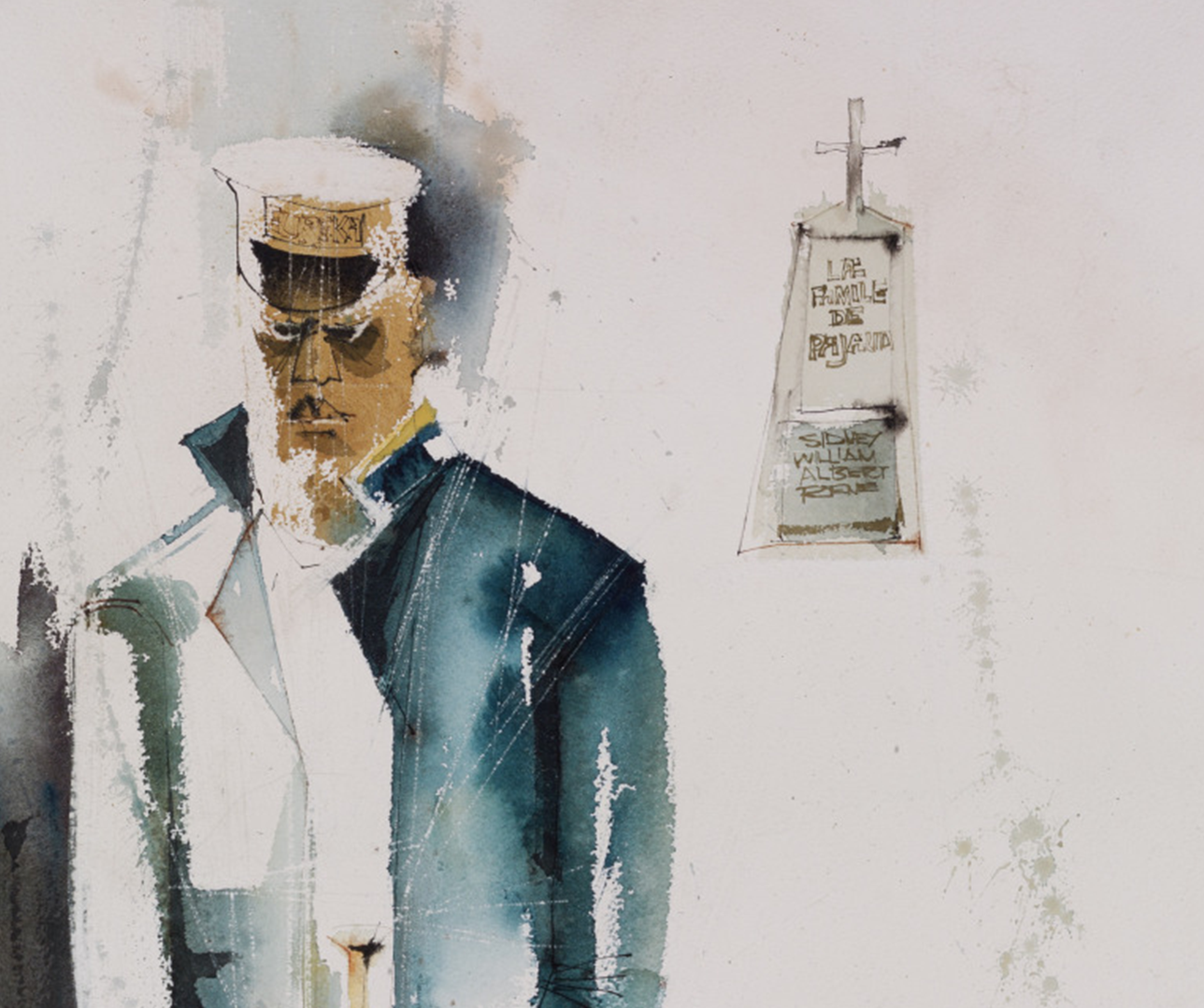 Watercolor painting of a solemn sailor in uniform beside a grave with a cross. The headstone reads, In honor of those who served, and lists several names. The artwork is abstract with muted colors and blurred edges.
