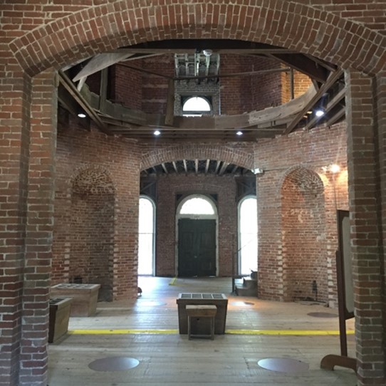 Photo of the second floor of Longwood Plantation shows brick walls that were never finished.