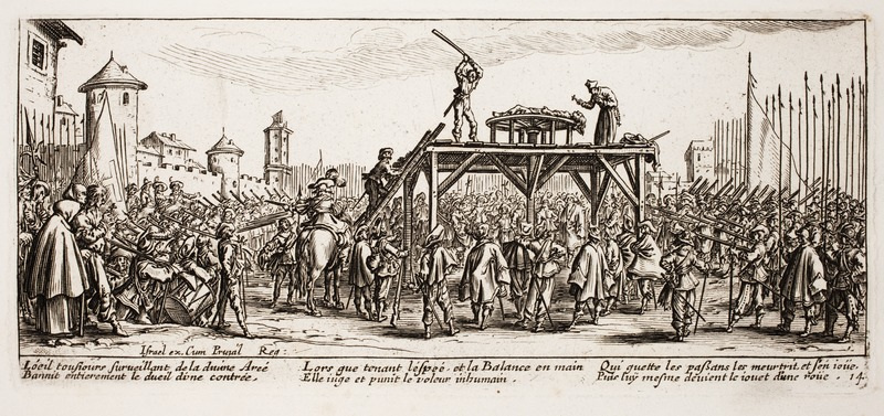 An old engraving depicts a public execution scene from the 17th century. A crowd of soldiers and townspeople surround a wooden scaffold where two figures prepare for the execution. Medieval architecture is visible in the background.