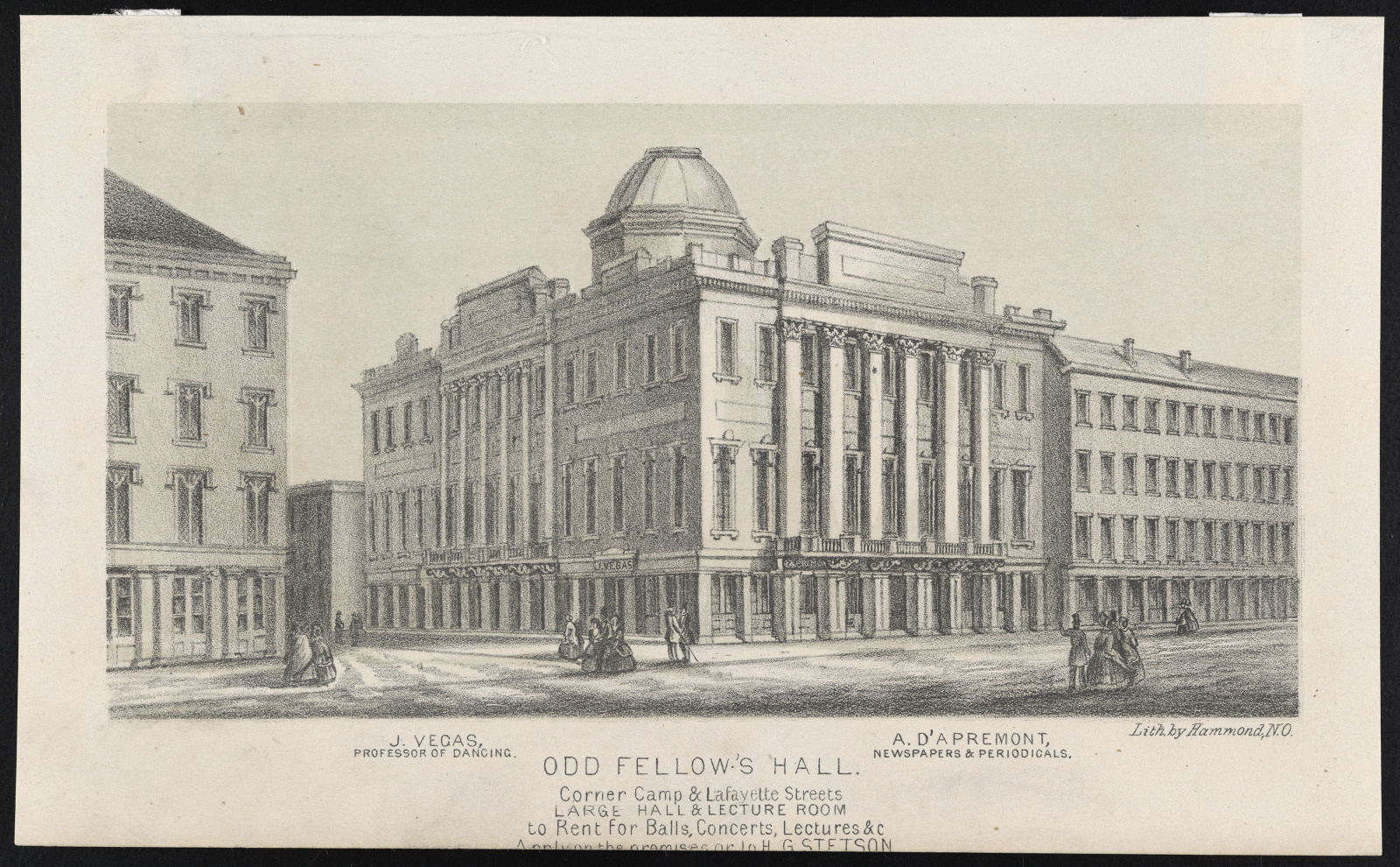 A vintage illustration of Odd Fellows Hall, a grand building with tall columns and an ornate dome. People walk along the street outside. The text at the bottom mentions renting the hall for balls, concerts, and lectures.