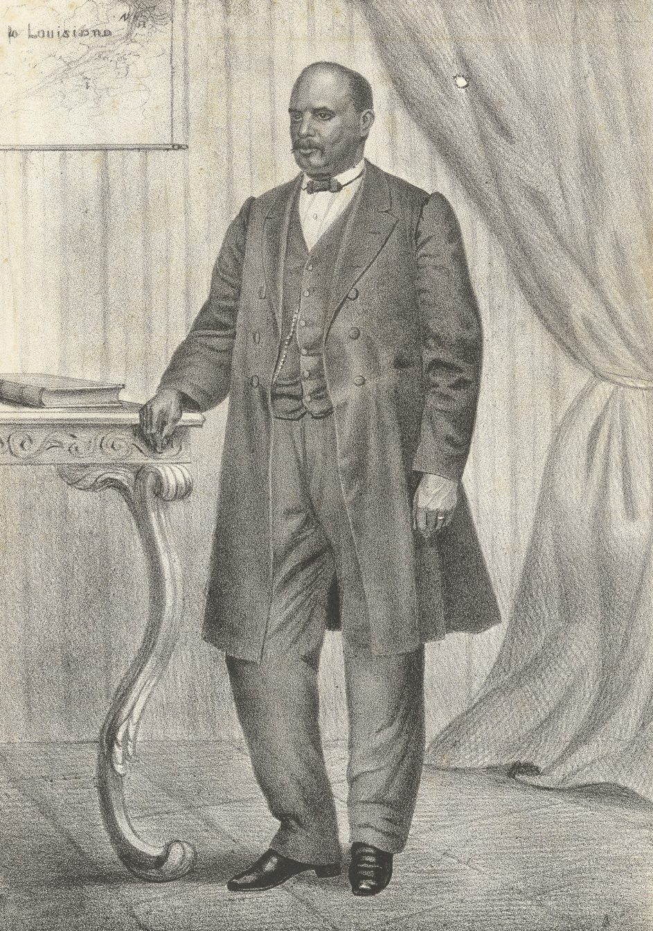 A historical illustration depicts a man in formal 19th-century attire standing beside an ornate table. The man has a mustache and wears a long coat. The background includes a draped curtain and part of a wall map.