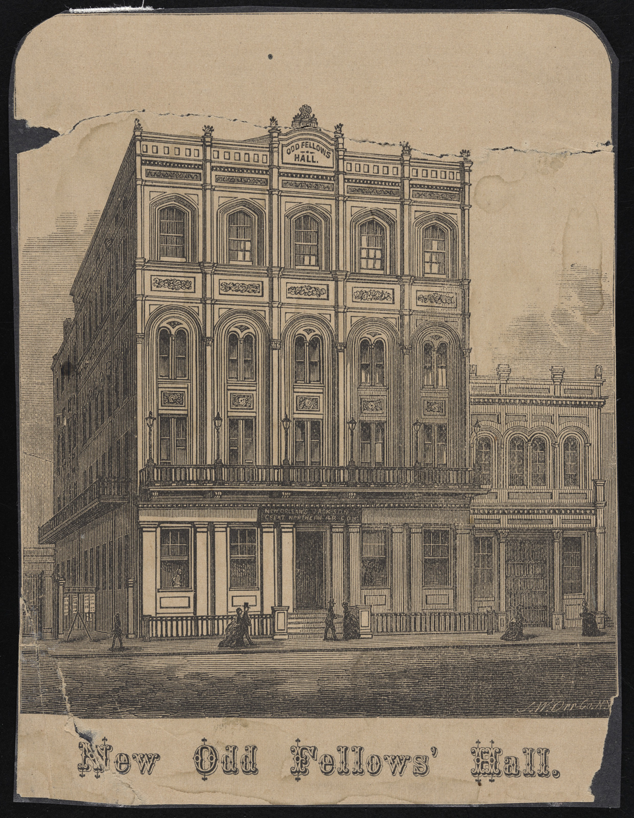 A vintage illustration of a grand, multi-story building labeled Odd Fellows Hall. The architectural style features arched windows and ornate details. People are walking along the sidewalk in front of the hall.