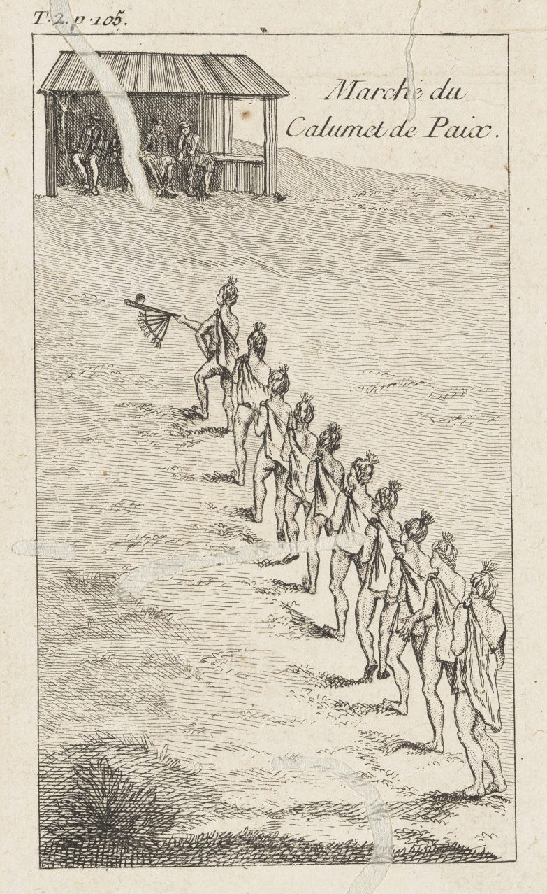 An illustration of a peace pipe procession, from Vol. II of “Histoire de la Louisiane,” with a French title at the top.