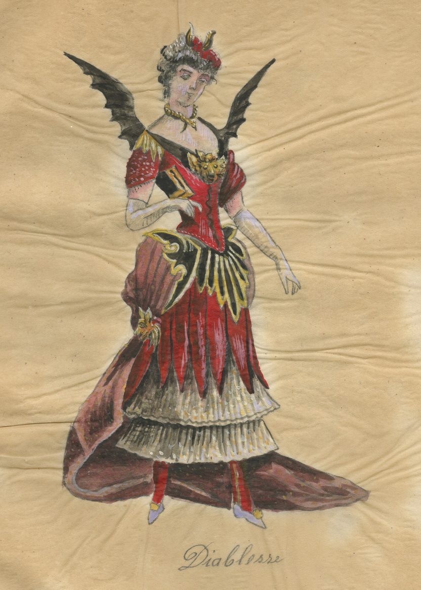 Color illustration of a Mardi Gras costume design. Full-length sketch of standing female figure in the costume of a devil. She is wearing a red and golden dress with a long train and black wings.