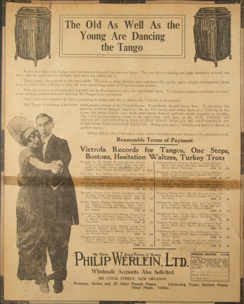 An old advertisement for Philip Werlein, Ltd., featuring a couple dancing the tango. The text highlights the popularity of the tango dance and promotes Victrola records for various dances, with a coupon section at the bottom right.