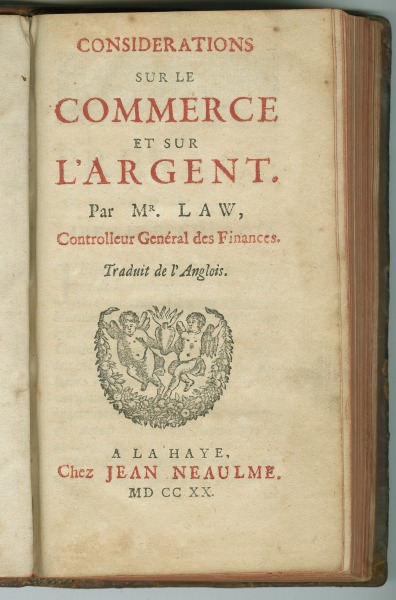Photograph of the inside cover of John Law’s book, "Money and Trade Considered," published in 1720. A decorative flourish featuring two cherubs is shown below the title.