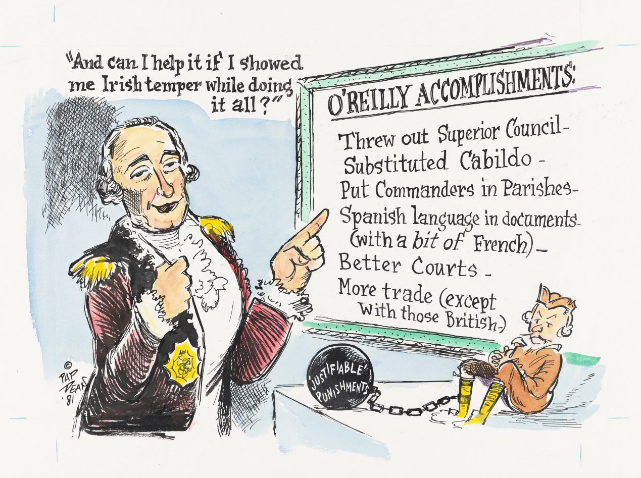 A historical cartoon depicting an 18th-century man pointing to a board titled OReilly Accomplishments, listing various actions. Another man, chained at his feet, sits nearby. Text reads, “And can I help it if I showed my Irish temper while doing it all?”.