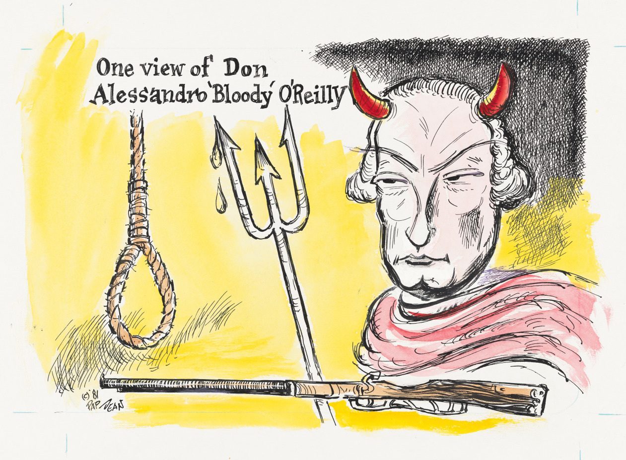 Cartoon depicting Don Alessandro Bloody OReilly with devil horns, a noose, trident, and musket against a yellow background. Text reads One view of Don Alessandro Bloody OReilly at the top.