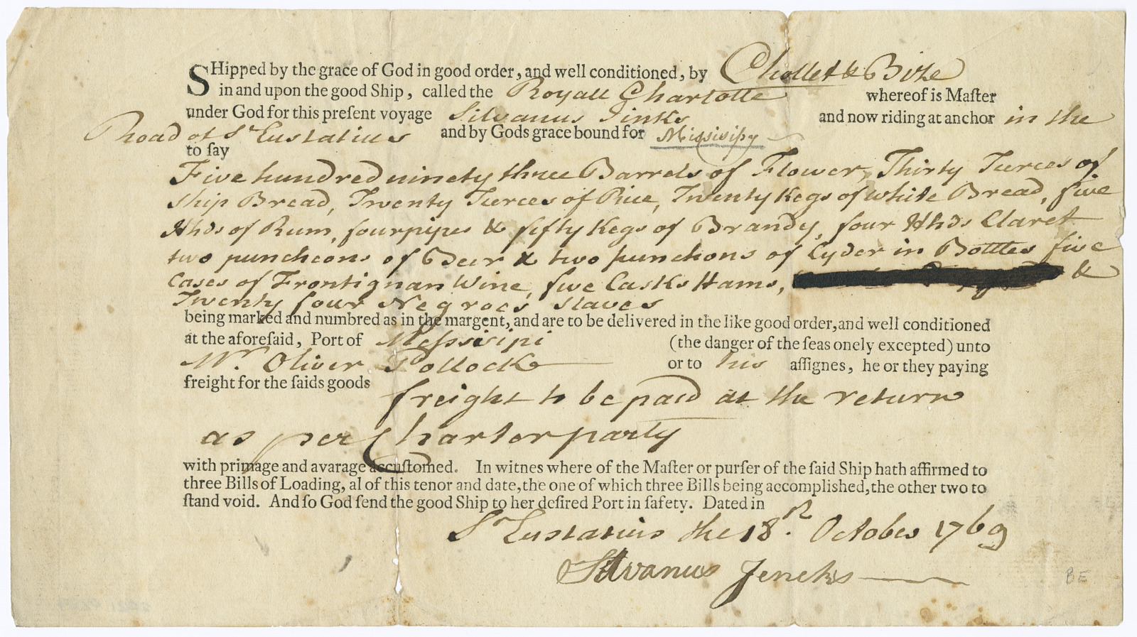 A partially-printed Bill of Lading for ship cargo to be delivered to merchant Oliver Pollock in New Orleans in 1769.