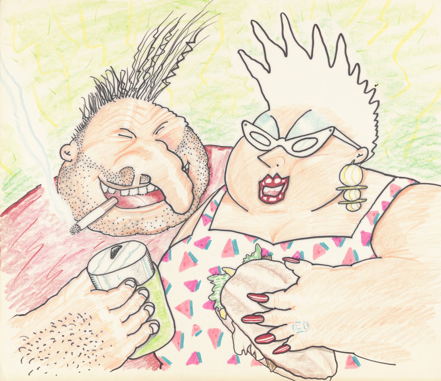 Color illustration of cartoon characters Vic and Nat'ly. Vic (left) is holding a drink and smoking a cigarette and Nat'ly (right) is holding a po boy.