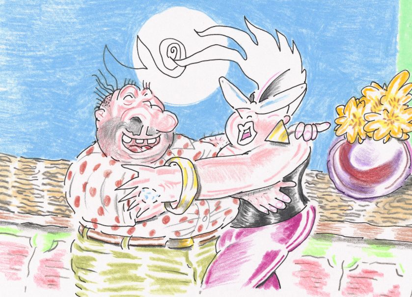 An illustration of Bunny Matthew cartoon characters Vic and Nat'ly dancing.