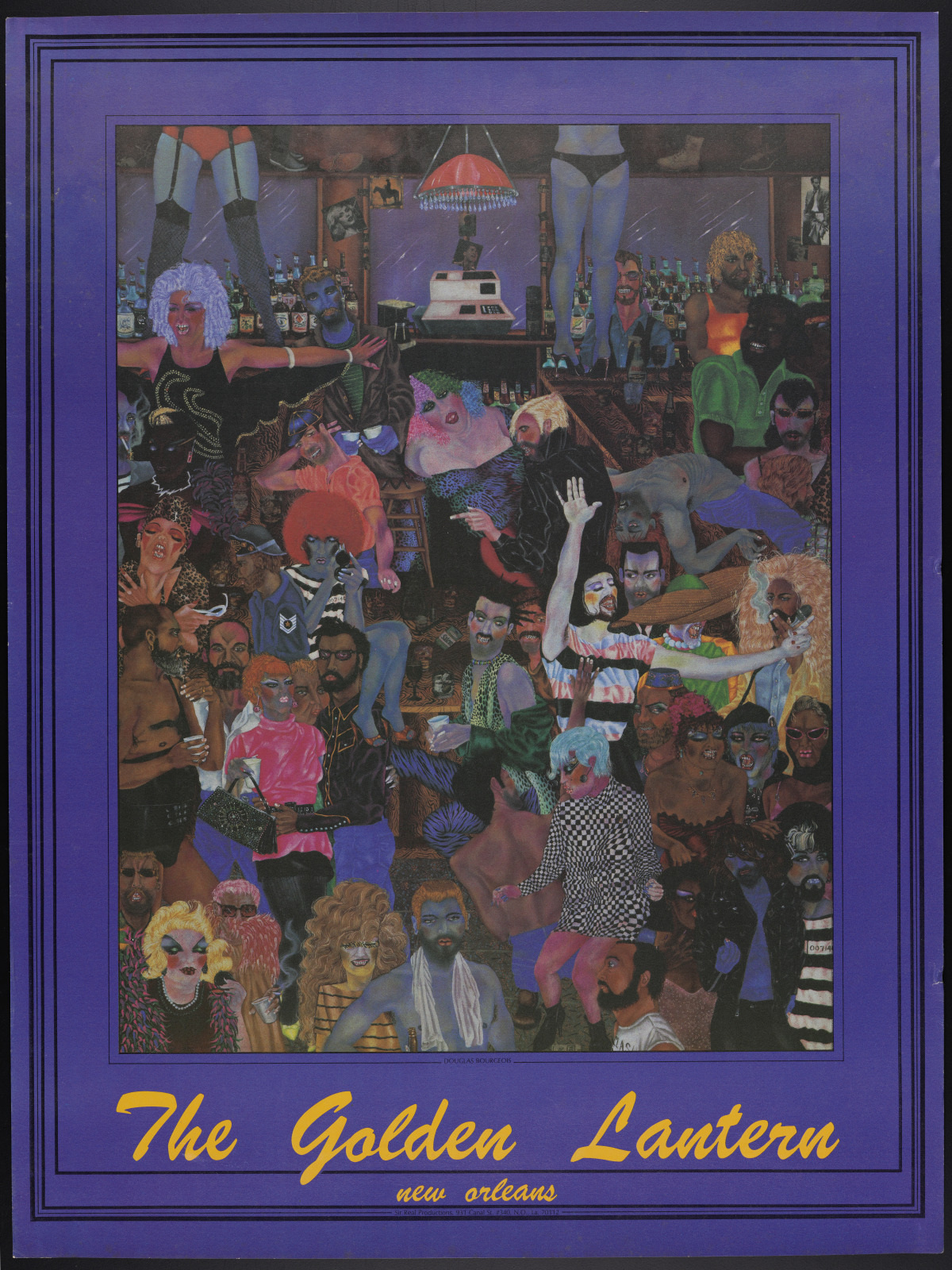 A vibrant collage of people in colorful costumes and makeup, set in a lively bar scene. The setting is decorated with eclectic artwork and lighting. Text at the bottom reads The Golden Lantern, New Orleans.