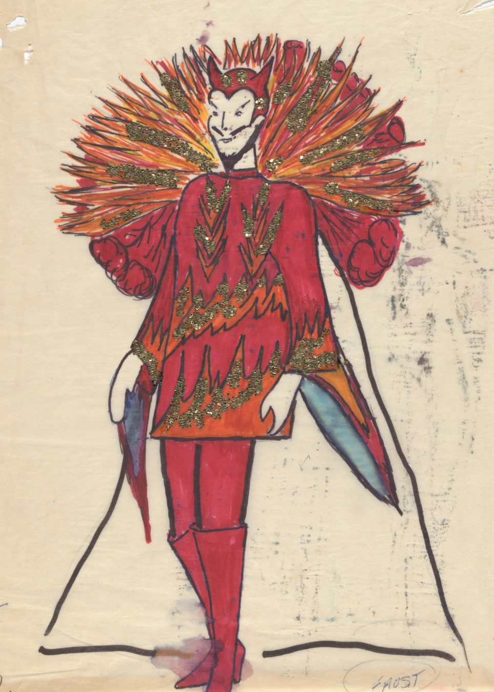 Color illustration of a costume design featuring a devil with cape.