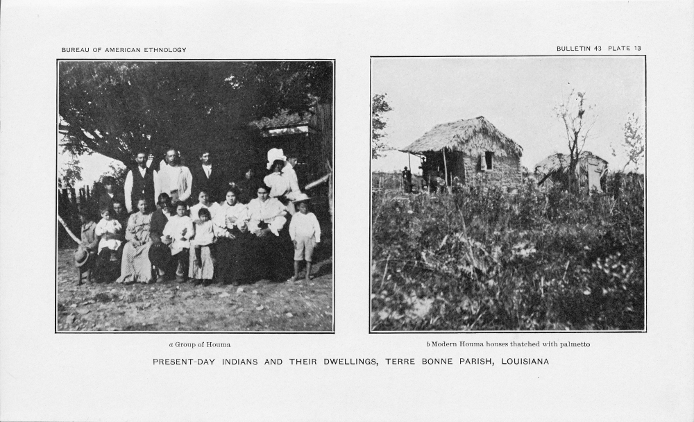 Historic photo showing a group of people sitting and standing under a tree on the left and a thatched-roof house on the right. Caption: Present-day Indians and their dwellings, Terre Bonne Parish, Louisiana.
