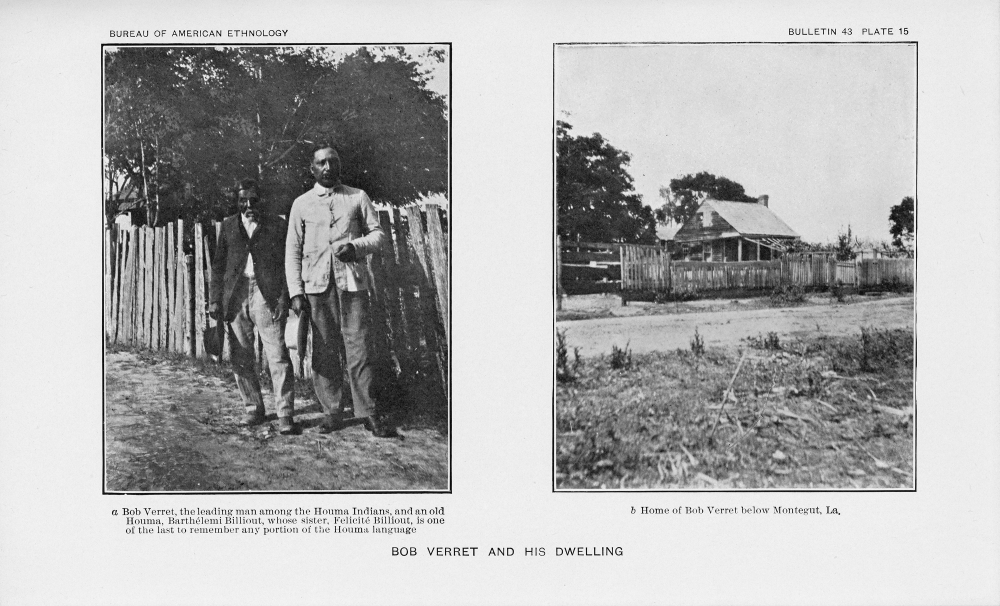 An old photograph split into two parts. Left: A man and an elder walk beside a wooden fence. Right: A view of a small house with a surrounding fence, located in a rural area. Text: Bob Verret and His Dwelling.