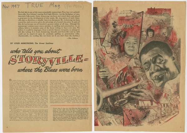 An article from the November 1947 issue of TRUE magazine titled Storyville—where the Blues were born by Louis Armstrong. The left page features text; the right page shows an illustration with musicians and performers.