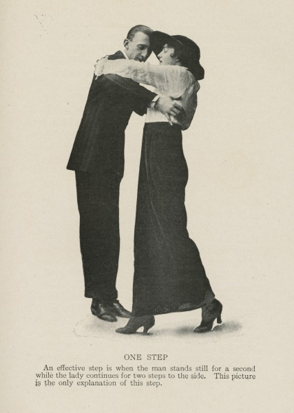 A vintage illustration of a man and woman dancing closely. The man is in a suit and the woman in a long skirt and hat. Text below describes a dance step called One Step, where the man pauses while the woman takes two steps to the side.