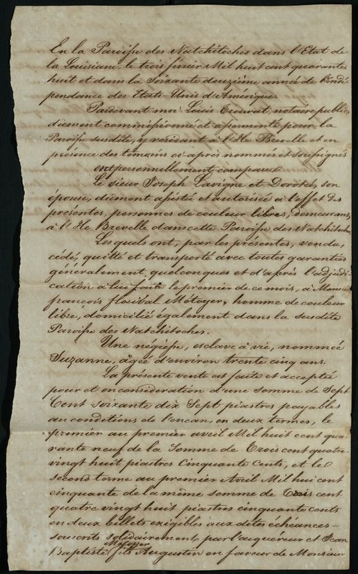 A handwritten historical document on aged paper with cursive writing in French. The text is densely packed, filling the entire page, with visible creases and an uneven edge on the left side.