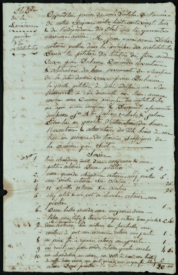 A handwritten historical document in Spanish on aged paper, with visible ink stains and worn edges. It includes numbered lists and calculations.